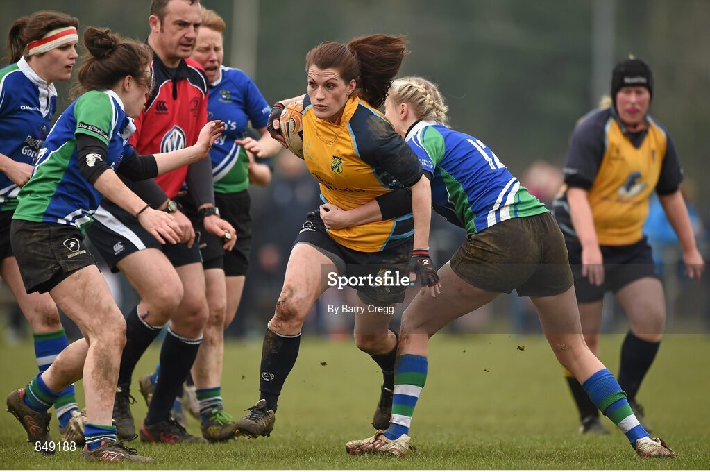 29 March 2014; Gael Stowe, Clondalkin, is tackled by Orla Power, Gorey. The Paul Flood Cup Final, Clondalkin v Gorey, NUIM Barhnall RFC, Leixlip, Co. Kildare. Picture credit: Barry Cregg / SPORTSFILE