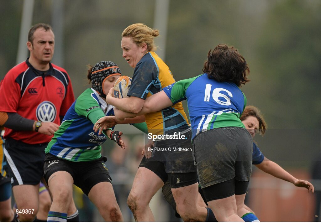 29 March 2014; Mairead Holohan, Clondalkin, is tackled by Suzanne Canavan, left, and Aoife Farrell, 16, Gorey. The Paul Flood Cup Final, Clondalkin v Gorey, NUIM Barhnall RFC, Leixlip, Co. Kildare. Picture credit: Piaras Ó Mídheach / SPORTSFILE