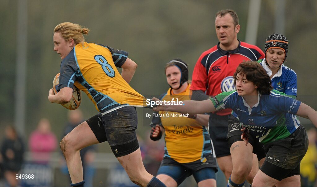 29 March 2014; Mairead Holohan, Clondalkin, is tackled by Aoife Farrell, Gorey. The Paul Flood Cup Final, Clondalkin v Gorey, NUIM Barhnall RFC, Leixlip, Co. Kildare. Picture credit: Piaras Ó Mídheach / SPORTSFILE