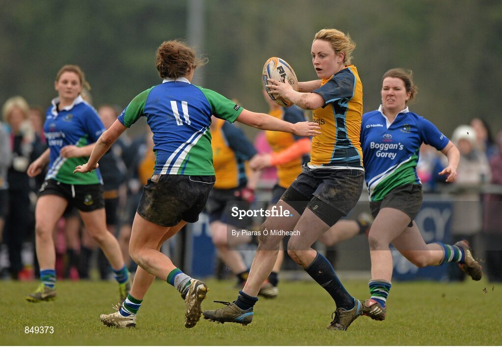 29 March 2014; Mairead Holohan, Clondalkin, in action against Michelle Morris, 11, Gorey. The Paul Flood Cup Final, Clondalkin v Gorey, NUIM Barhnall RFC, Leixlip, Co. Kildare. Picture credit: Piaras Ó Mídheach / SPORTSFILE