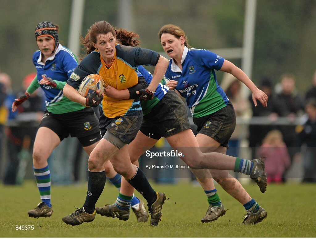29 March 2014; Gael Stowe, Clondalkin, is tackled by Maeve Farrell, Gorey. The Paul Flood Cup Final, Clondalkin v Gorey, NUIM Barhnall RFC, Leixlip, Co. Kildare. Picture credit: Piaras Ó Mídheach / SPORTSFILE