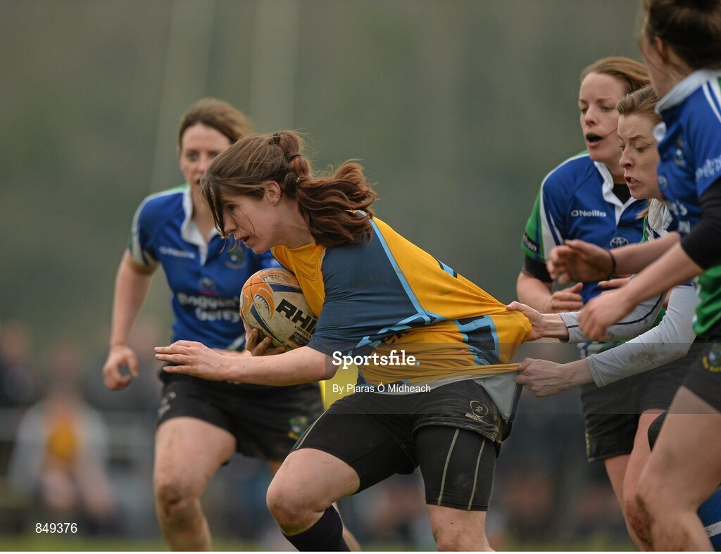 29 March 2014; Claire Winters, Clondalkin, is tackled by Dawn Tully, Gorey. The Paul Flood Cup Final, Clondalkin v Gorey, NUIM Barhnall RFC, Leixlip, Co. Kildare. Picture credit: Piaras Ó Mídheach / SPORTSFILE