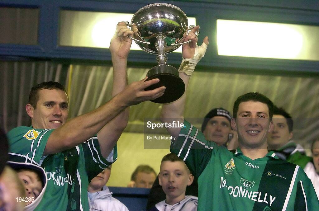 12 November 2005; Leinster's Ciaran Whelan and Colin Moran, right, lift the cup after victory over Ulster. M Donnelly Interprovincial Football Championship Final, Leinster v Ulster, Parnell Park, Dublin. Picture credit: Pat Murphy / SPORTSFILE