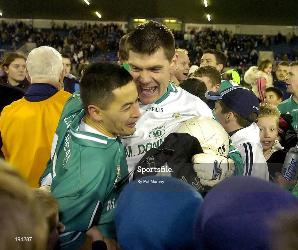 12 November 2005; Fergal Byron, Leinster goalkeeper, celebrates with Jason Sherlock after victory. M Donnelly Interprovincial Football Championship Final, Leinster v Ulster, Parnell Park, Dublin. Picture credit: Pat Murphy / SPORTSFILE