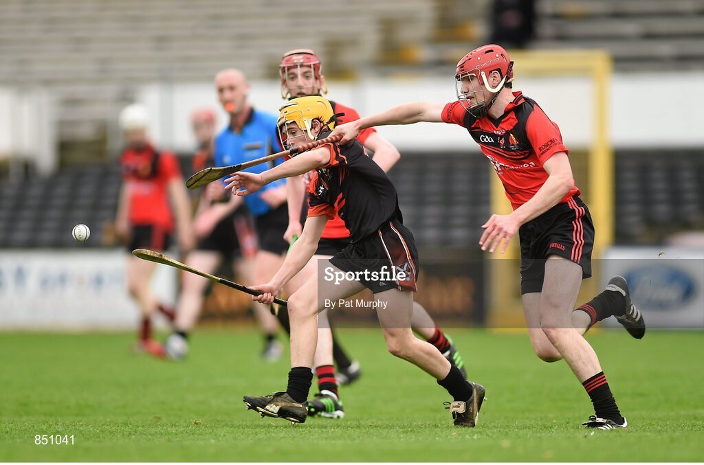 5 April 2014; Paddy Joe Graham, Cross & Passion, in action against Sean Fogarty, Coláiste Phobal. Masita GAA All-Ireland Post Primary Schools Paddy Buggy Cup Final, Coláiste Phobal, Ros Cré, Co. Tipperary v Cross & Passion, Ballycastle, Co Antrim. Nowlan Park, Kilkenny. Picture credit: Pat Murphy / SPORTSFILE