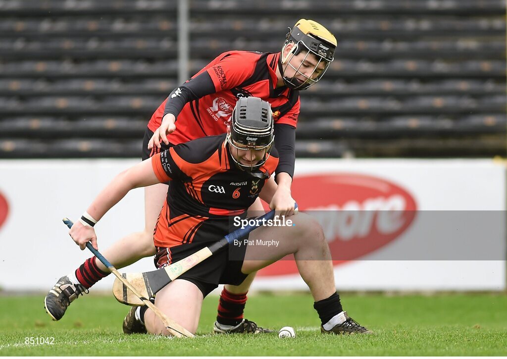 5 April 2014; Od Laverty, Cross & Passion, in action against Adrian Cleary, Coláiste Phobal. Masita GAA All-Ireland Post Primary Schools Paddy Buggy Cup Final, Coláiste Phobal, Ros Cré, Co. Tipperary v Cross & Passion, Ballycastle, Co Antrim. Nowlan Park, Kilkenny. Picture credit: Pat Murphy / SPORTSFILE