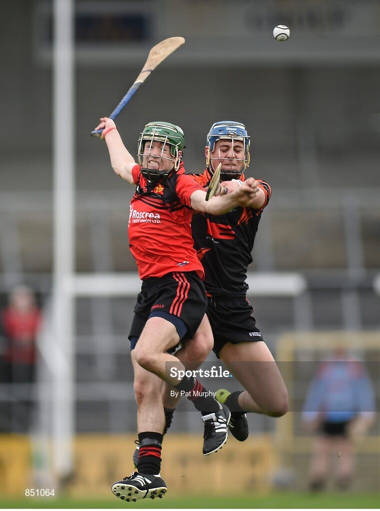 5 April 2014; Jordan Fogarty, Coláiste Phobal, in action against Cormac McAllister, Cross & Passion. Masita GAA All-Ireland Post Primary Schools Paddy Buggy Cup Final, Coláiste Phobal, Ros Cré, Co. Tipperary v Cross & Passion, Ballycastle, Co Antrim. Nowlan Park, Kilkenny. Picture credit: Pat Murphy / SPORTSFILE
