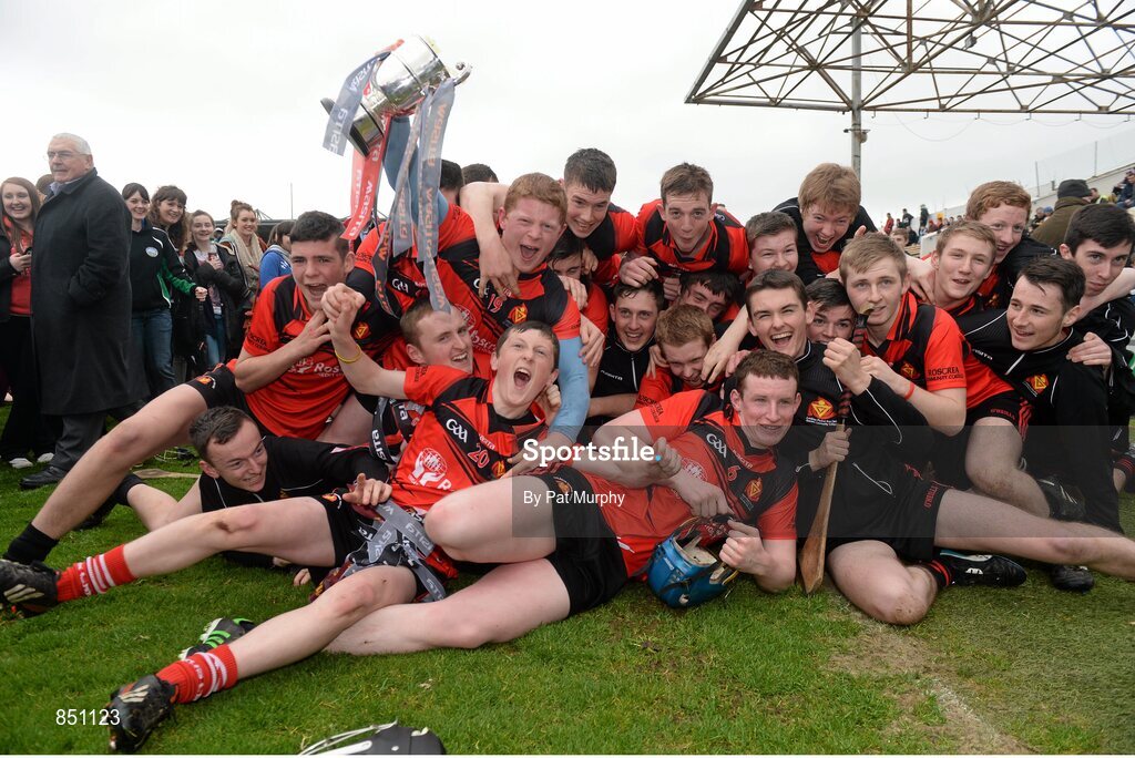 5 April 2014; The Coláiste Phobal team celebrate with the Paddy Buggy Cup. Masita GAA All-Ireland Post Primary Schools Paddy Buggy Cup Final, Coláiste Phobal, Ros Cré, Co. Tipperary v Cross & Passion, Ballycastle, Co Antrim. Nowlan Park, Kilkenny. Picture credit: Pat Murphy / SPORTSFILE
