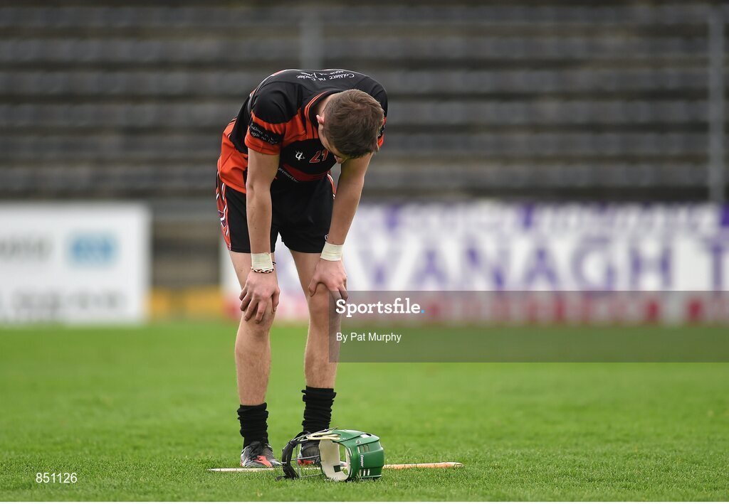 5 April 2014; Conor Patterson, Cross & Passion, at the final whistle after defeat. Masita GAA All-Ireland Post Primary Schools Paddy Buggy Cup Final, Coláiste Phobal, Ros Cré, Co. Tipperary v Cross & Passion, Ballycastle, Co Antrim. Nowlan Park, Kilkenny. Picture credit: Pat Murphy / SPORTSFILE