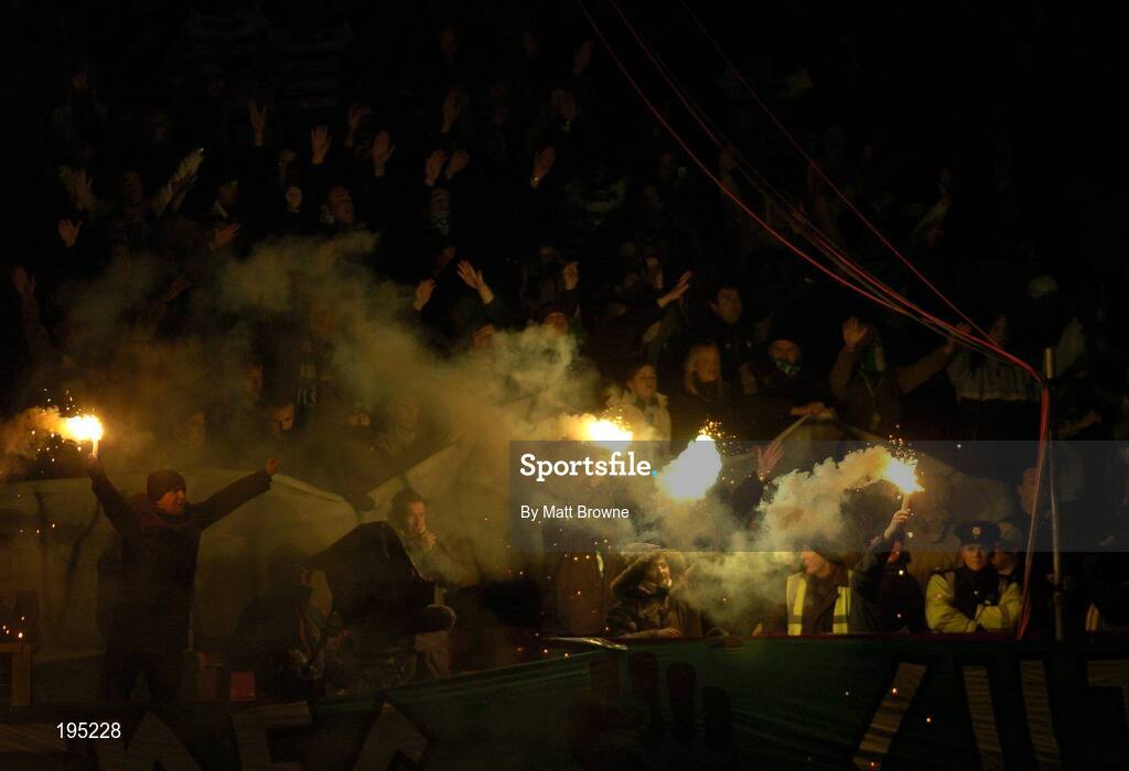 25 November 2005; Shamrock Rovers fans cheer on their team before the start of the game. eircom league Promotion / Relegation Play-off, 2nd Leg, Dublin City v Shamrock Rovers, Tolka Park, Dublin. Picture credit: Matt Browne / SPORTSFILE