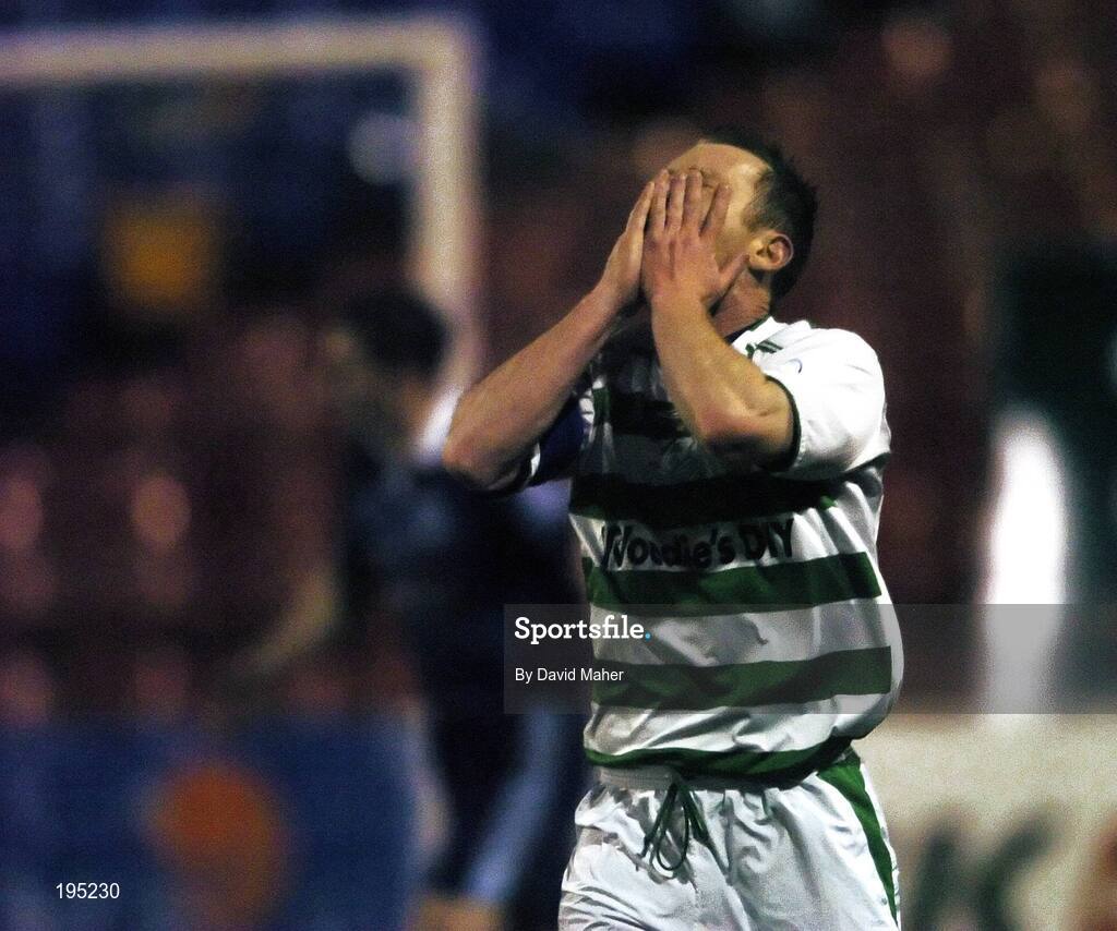 25 November 2005; Trevor Molloy, Shamrock Rovers, holds his head after a attempt on goal. eircom league Promotion / Relegation Play-off, 2nd Leg, Dublin City v Shamrock Rovers, Tolka Park, Dublin. Picture credit: David Maher / SPORTSFILE