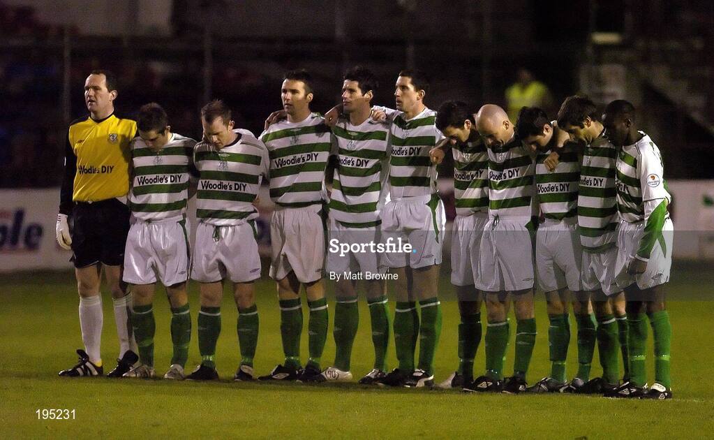 25 November 2005; The Shamrock Rovers players stand together as a mark of respect to the late George Best before the start of the game. eircom league Promotion / Relegation Play-off, 2nd Leg, Dublin City v Shamrock Rovers, Tolka Park, Dublin. Picture credit: Matt Browne / SPORTSFILE