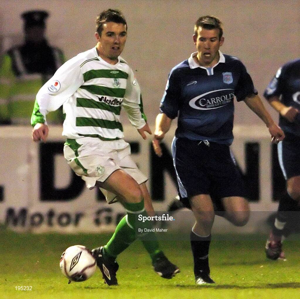 25 November 2005; Brian Shelly, Shamrock Rovers, in action against Dave Freeman, Dublin City. eircom league Promotion / Relegation Play-off, 2nd Leg, Dublin City v Shamrock Rovers, Tolka Park, Dublin. Picture credit: David Maher / SPORTSFILE
