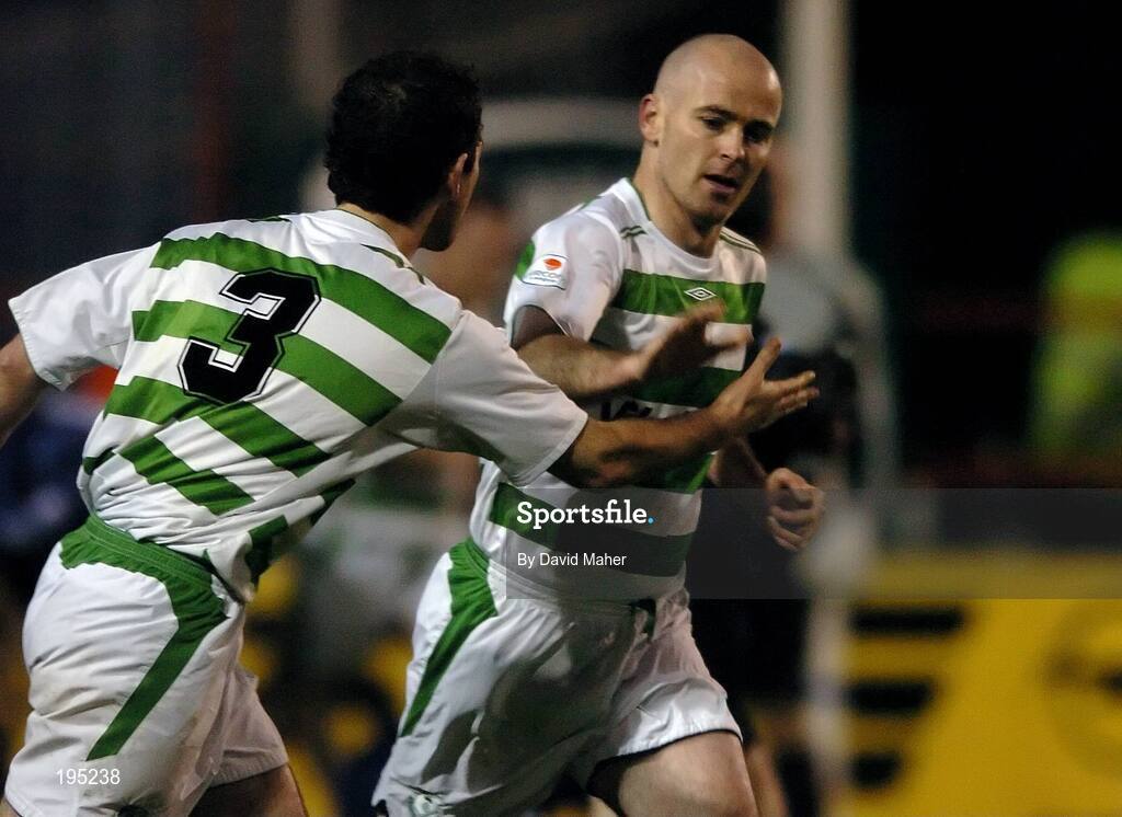 25 November 2005; Derek Treacy, right, Shamrock Rovers, celebrates after scoring his sides first goal with team-mate Keith Doyle. eircom league Promotion / Relegation Play-off, 2nd Leg, Dublin City v Shamrock Rovers, Tolka Park, Dublin. Picture credit: David Maher / SPORTSFILE