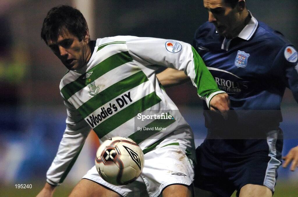 25 November 2005; Tony Sheridan, Shamrock Rovers, in action against Ben Whelehan, Dublin City. eircom league Promotion / Relegation Play-off, 2nd Leg, Dublin City v Shamrock Rovers, Tolka Park, Dublin. Picture credit: David Maher / SPORTSFILE