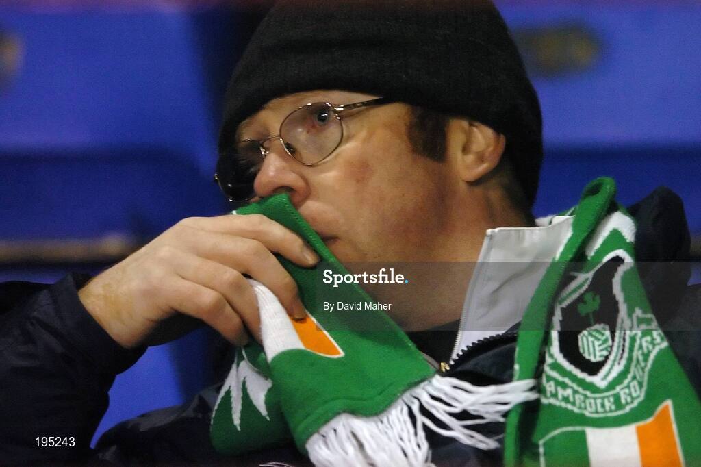 25 November 2005; A dejected Shamrock Rovers supporter at the end of the game. eircom league Promotion / Relegation Play-off, 2nd Leg, Dublin City v Shamrock Rovers, Tolka Park, Dublin. Picture credit: David Maher / SPORTSFILE