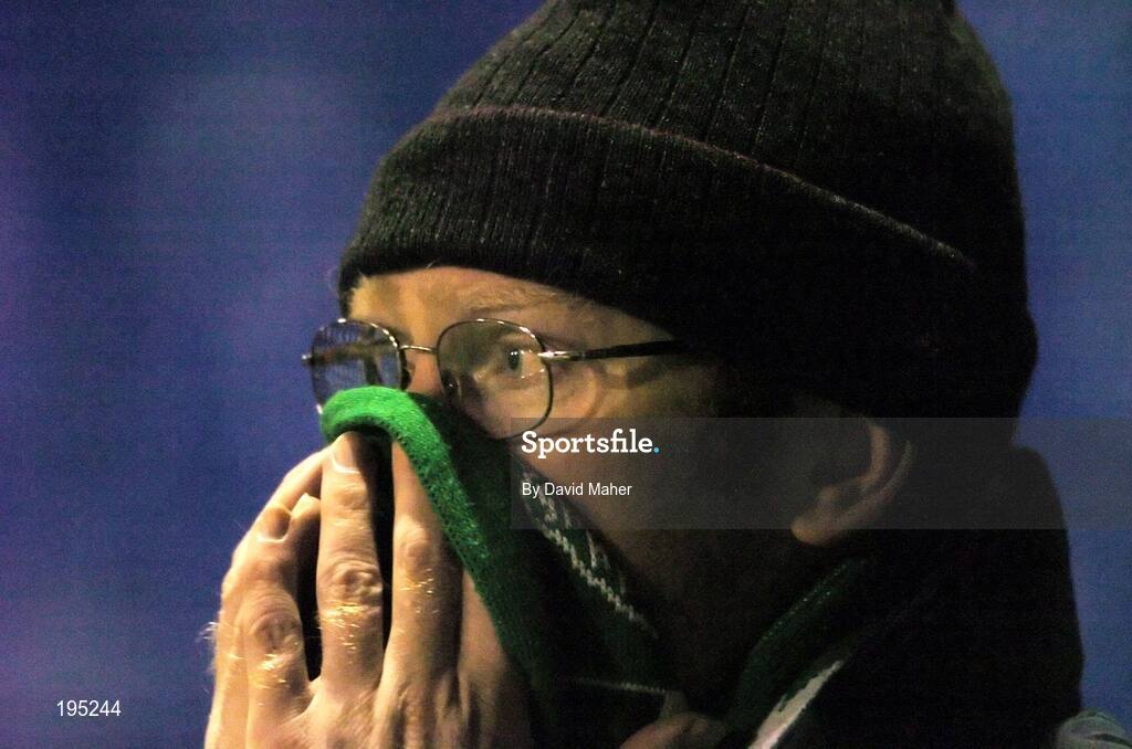 25 November 2005; A dejected Shamrock Rovers supporter at the end of the game. eircom league Promotion / Relegation Play-off, 2nd Leg, Dublin City v Shamrock Rovers, Tolka Park, Dublin. Picture credit: David Maher / SPORTSFILE