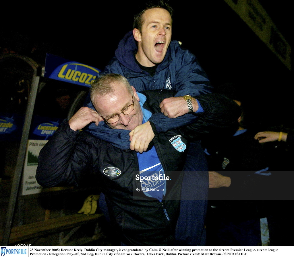 25 November 2005; Dermot Keely, Dublin City manager, is congratulated by Colm O'Neill after winning promotion to the eircom Premier League. eircom league Promotion / Relegation Play-off, 2nd Leg, Dublin City v Shamrock Rovers, Tolka Park, Dublin. Picture credit: Matt Browne / SPORTSFILE