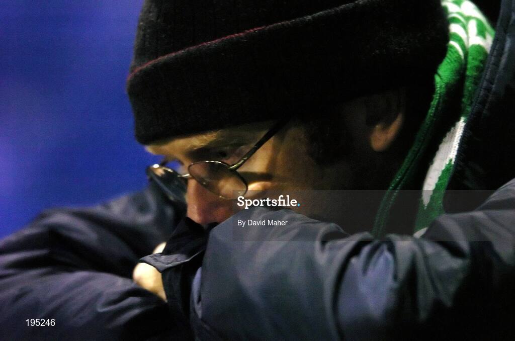 25 November 2005; A dejected Shamrock Rovers supporter at the end of the game. eircom league Promotion / Relegation Play-off, 2nd Leg, Dublin City v Shamrock Rovers, Tolka Park, Dublin. Picture credit: David Maher / SPORTSFILE