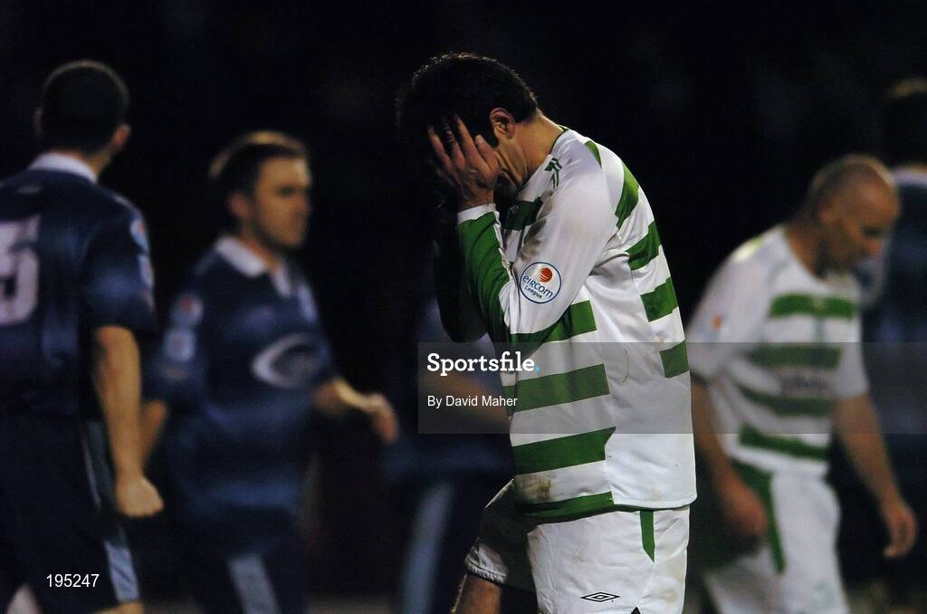 25 November 2005; A Dejected Gavin McDonnell, Shamrock Rovers, during the closing moments of the game. eircom league Promotion / Relegation Play-off, 2nd Leg, Dublin City v Shamrock Rovers, Tolka Park, Dublin. Picture credit: David Maher / SPORTSFILE