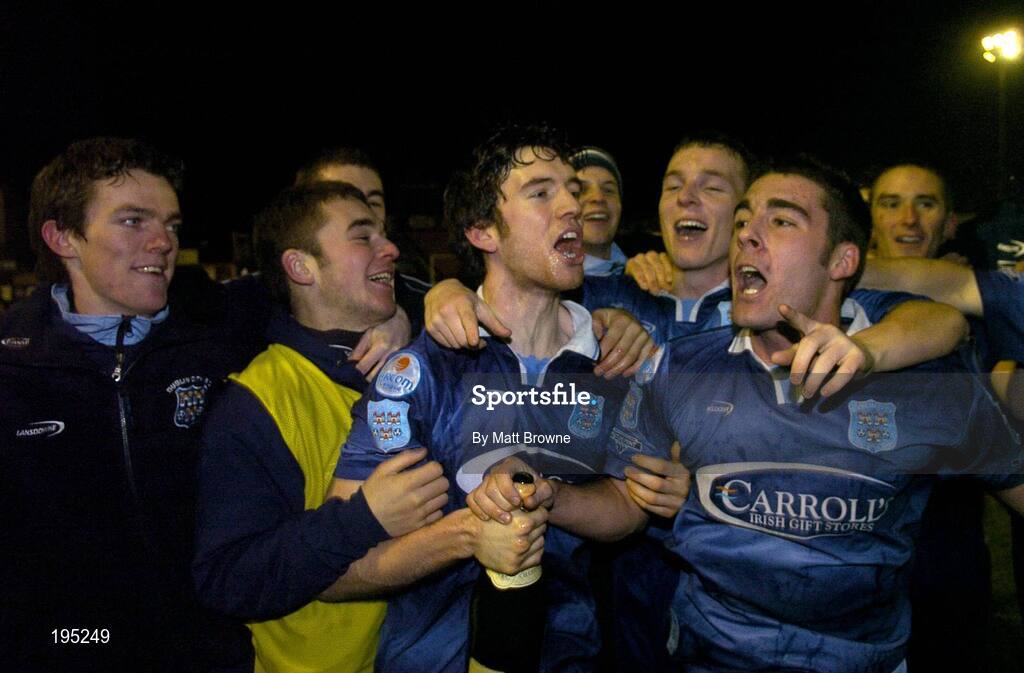 25 November 2005; Dublin City players Robbie Hedderman and Alan Mulcahy, right, celebrate promotion to the eircom Premier League. eircom league Promotion / Relegation Play-off, 2nd Leg, Dublin City v Shamrock Rovers, Tolka Park, Dublin. Picture credit: Matt Browne / SPORTSFILE