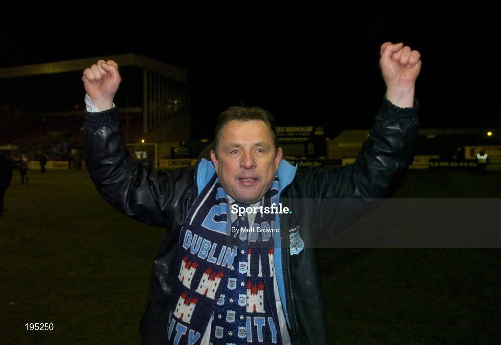 25 November 2005; Ronan Seery, Dublin City Chief Executive, celebrates promotion to the eircom Premier League. eircom league Promotion / Relegation Play-off, 2nd Leg, Dublin City v Shamrock Rovers, Tolka Park, Dublin. Picture credit: Matt Browne / SPORTSFILE