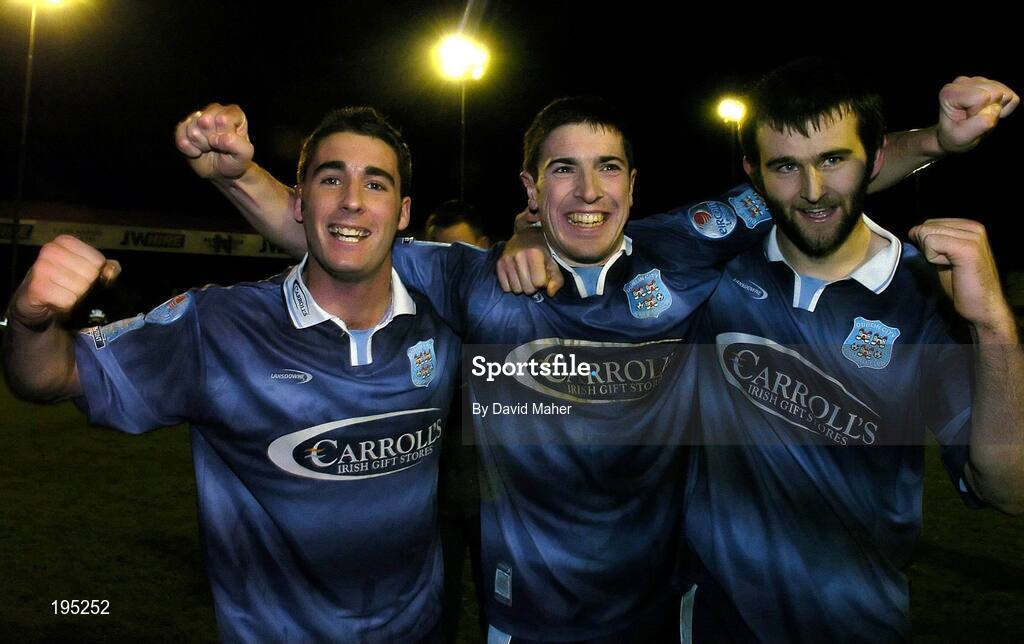 25 November 2005; Dublin City players left to right, Paul Shiels, Alan Keely and Alan Mulcahy, celebrates at the end of the game. eircom league Promotion / Relegation Play-off, 2nd Leg, Dublin City v Shamrock Rovers, Tolka Park, Dublin. Picture credit: David Maher / SPORTSFILE