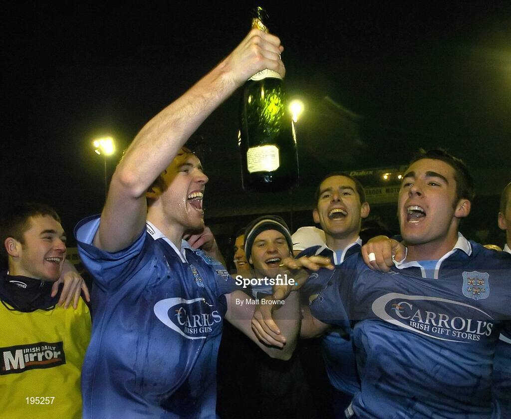 25 November 2005; Dublin City's Robbie Hedderman, left, Ben Whelehan and Alan Mulcahy, right, celebrate Promotion to the eircom Premier. eircom league Promotion / Relegation Play-off, 2nd Leg, Dublin City v Shamrock Rovers, Tolka Park, Dublin. Picture credit: Matt Browne / SPORTSFILE