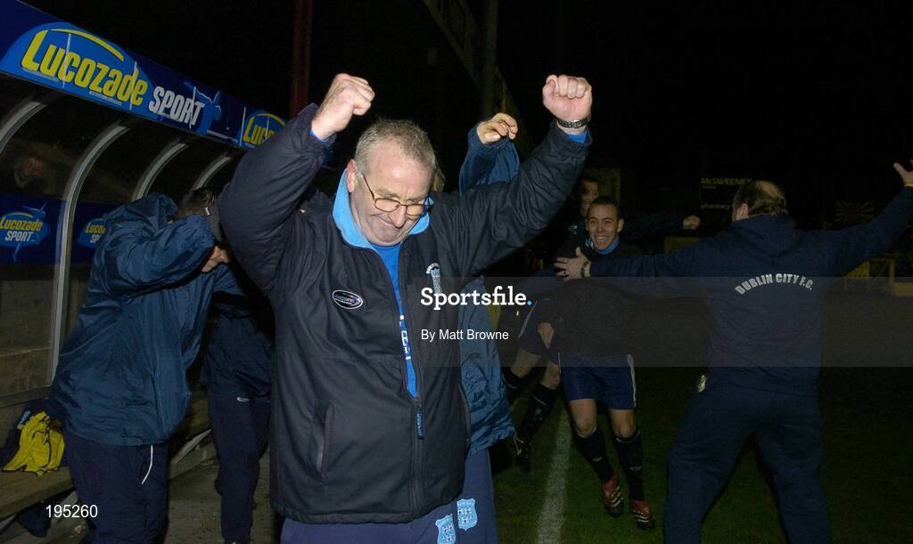 25 November 2005; Dermot Keely, Dublin City manager, celebrate promotion to the eircom Premier League at the end of the game. eircom league Promotion / Relegation Play-off, 2nd Leg, Dublin City v Shamrock Rovers, Tolka Park, Dublin. Picture credit: Matt Browne / SPORTSFILE