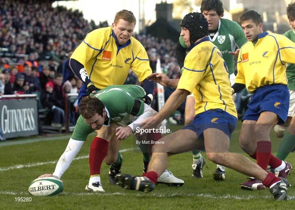 26 November 2005; Geordan Murphy, Ireland, goes over for his try despite the tackle of Dan Vlad and Ovidiu Tonita, right, Romania. permanent tsb International Friendly 2005-2006, Ireland v Romania, Lansdowne Road, Dublin. Picture credit: Matt Browne / SPORTSFILE