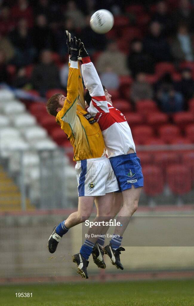 27 November 2005; Karl Stewart, St Galls, rises for a high ball with Michael McGoldrick, Bellaghy. Ulster Club Senior Football Championship Final, Bellaghy v St. Galls, Healy Park, Omagh, Co. Tyrone. Picture credit: Damien Eagers / SPORTSFILE