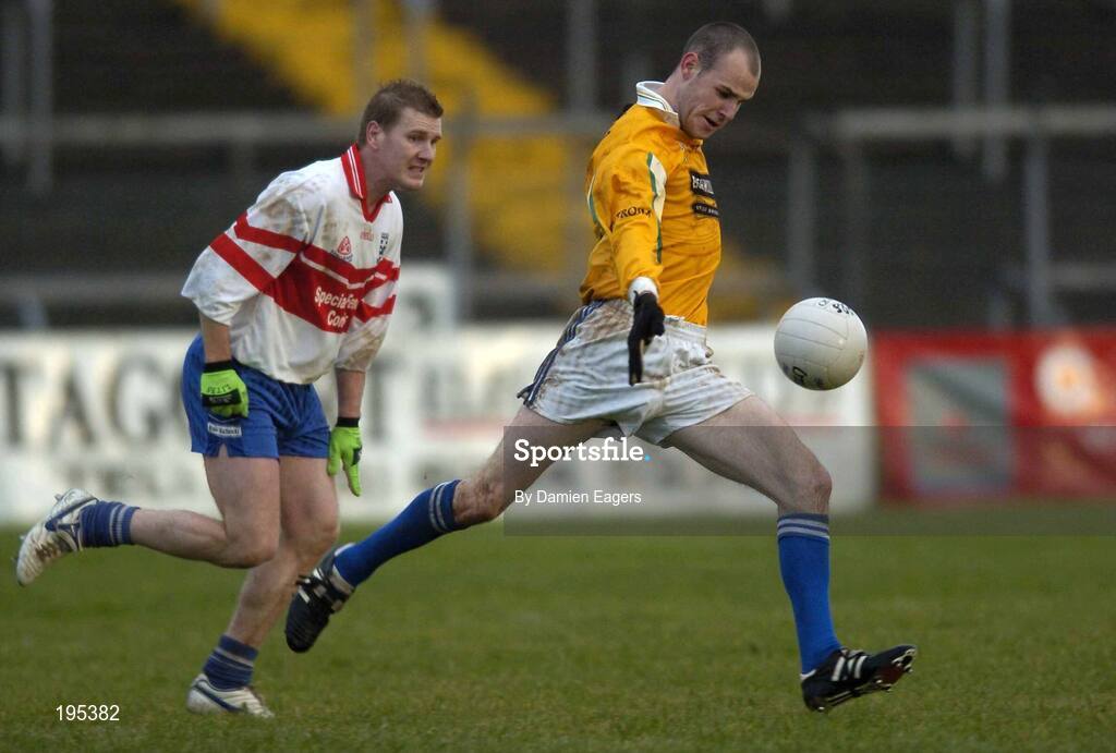 27 November 2005; Aodhan Gallagher, St Galls, in action against Paul Diamond, Bellaghy. Ulster Club Senior Football Championship Final, Bellaghy v St. Galls, Healy Park, Omagh, Co. Tyrone. Picture credit: Damien Eagers / SPORTSFILE