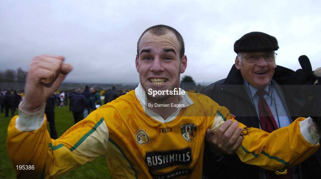 27 November 2005; Man of the Match Aodhan Gallagher from St Galls celebrates at the end of the game. Ulster Club Senior Football Championship Final, Bellaghy v St. Galls, Healy Park, Omagh, Co. Tyrone. Picture credit: Damien Eagers / SPORTSFILE