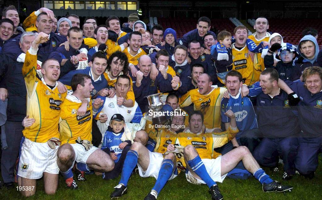 27 November 2005; St Galls players and management celebrate with the Liam McFerran Cup after victory. Ulster Club Senior Football Championship Final, Bellaghy v St. Galls, Healy Park, Omagh, Co. Tyrone. Picture credit: Damien Eagers / SPORTSFILE