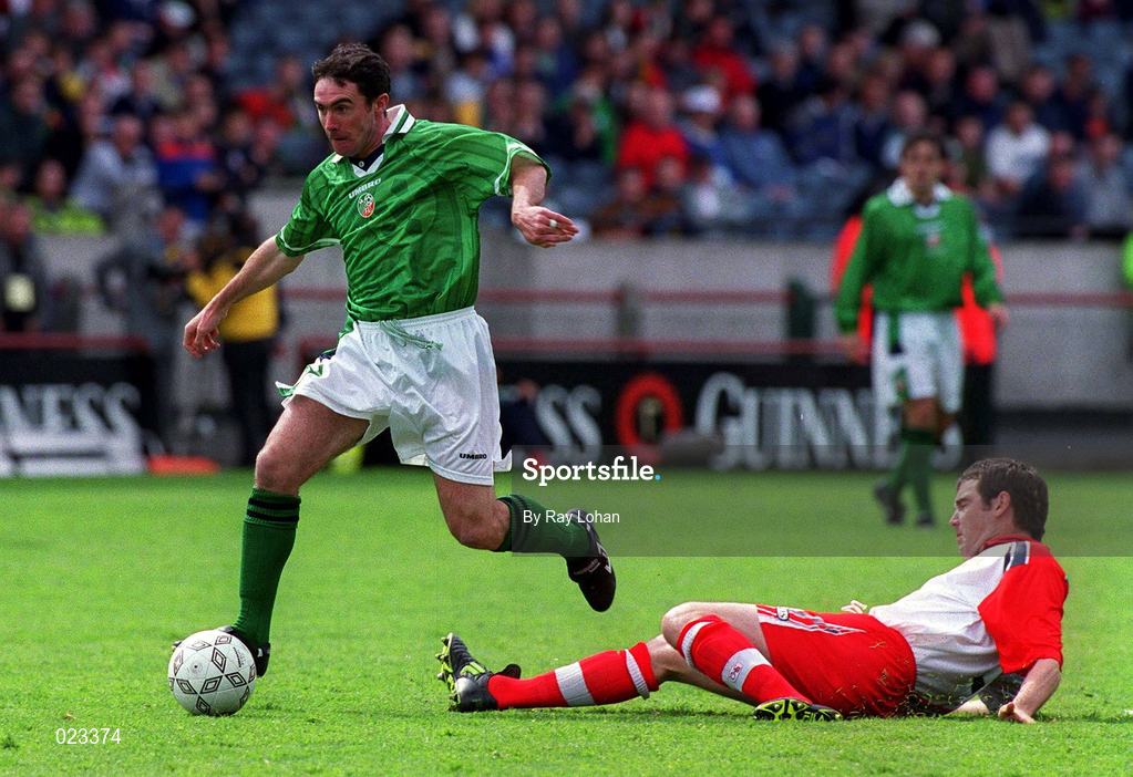 29 May 1999; Alan McLoughlin of Republic of Ireland in action against Darren Patterson of Northern Ireland during the International Friendly match between Republic of Ireland and Northern Ireland at Lansdowne Road in Dublin. Photo by Ray Lohan/Sportsfile