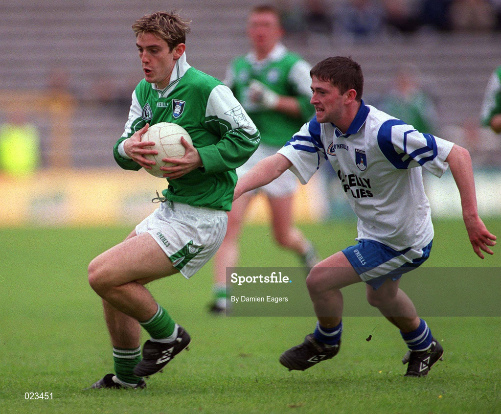 30 May 1999; Colm Bradley of Fermanagh in action against Padraig McKenna of Monaghan during the Bank of Ireland Ulster Senior Football Championship Preliminary Round match between Monaghan and Fermanagh at St Tiernach's Park in Clones, Monaghan. Photo by Damien Eagers/Sportsfile