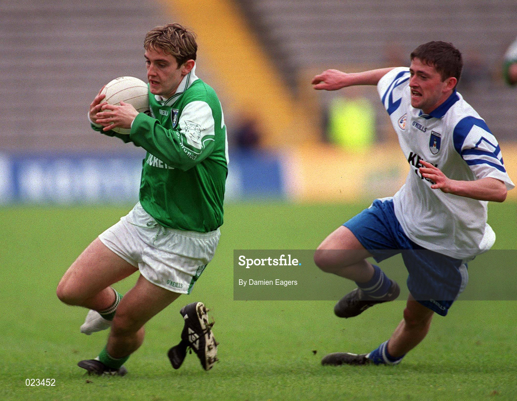 30 May 1999; Colm Bradley of Fermanagh in action against Padraig McKenna of Monaghan during the Bank of Ireland Ulster Senior Football Championship Preliminary Round match between Monaghan and Fermanagh at St Tiernach's Park in Clones, Monaghan. Photo by Damien Eagers/Sportsfile