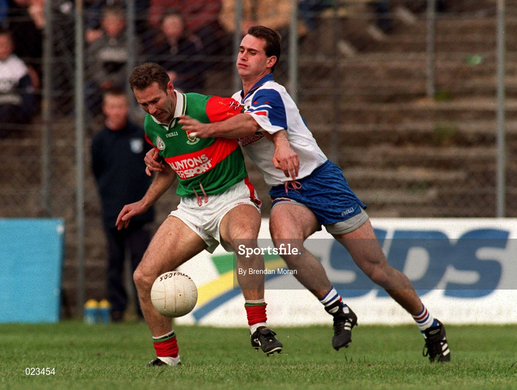 29 May 1999; Colm McManaman of Mayo, in action against Pat Mahoney of New York during the Bank of Ireland Connacht Senior Football Championship Quarter-Final match between Mayo and New York at MacHale Park in Castlebar, Mayo. Photo by Brendan Moran/Sportsfile