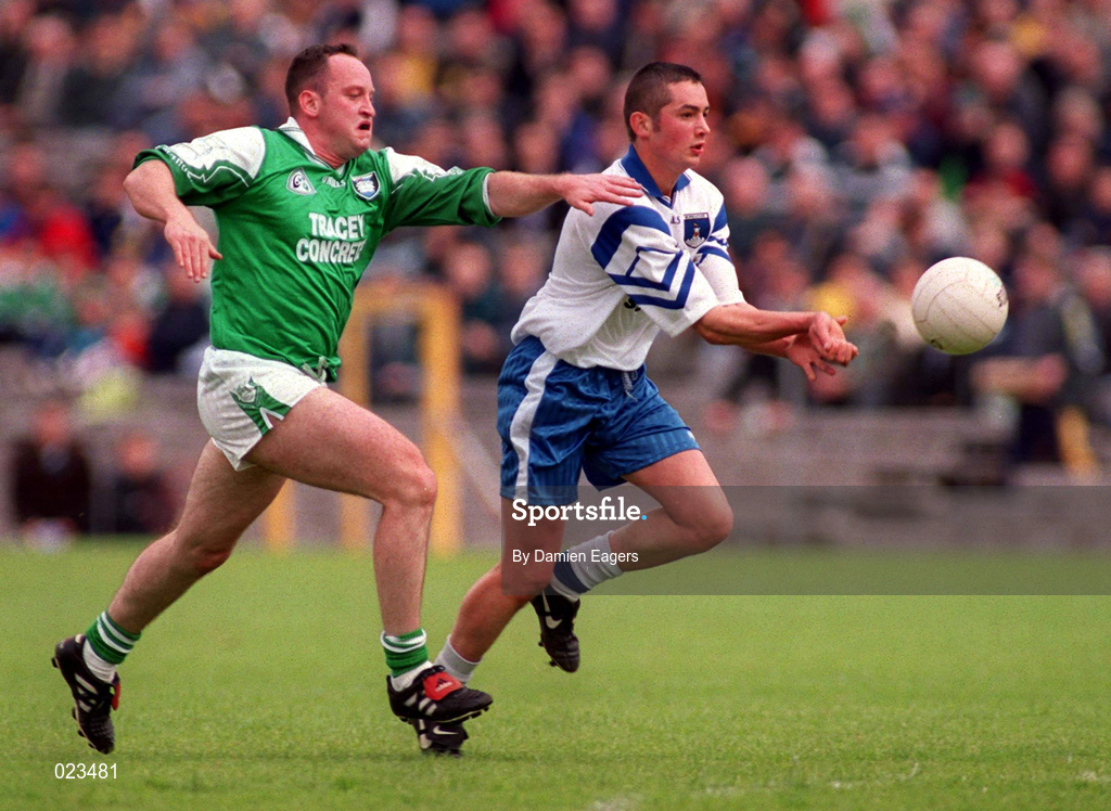 30 May 1999; Damien Freeman of Monaghan in action against Tony Collins of Fermanagh during the Bank of Ireland Ulster Senior Football Championship Preliminary Round match between Monaghan and Fermanagh at St Tiernach's Park in Clones, Monaghan. Photo by Damien Eagers/Sportsfile