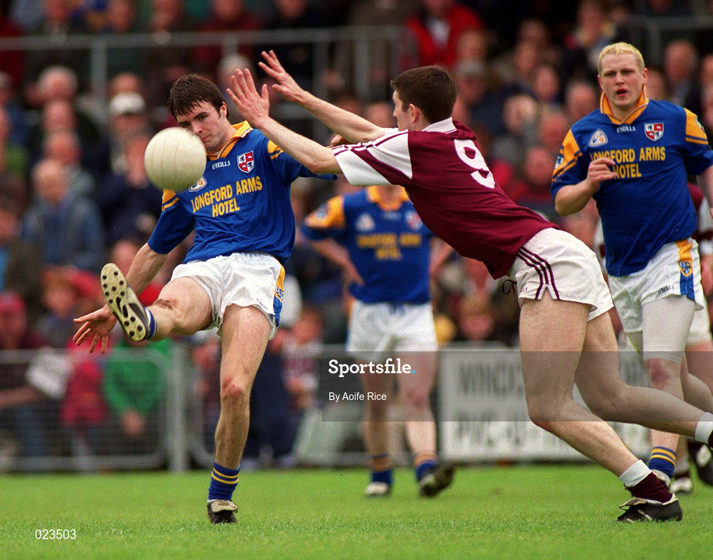 30 May 1999; David Hannify of Longford in action against David Shaughnessy of Westmeath during the Bank of Ireland Leinster Senior Football Championship 2nd Preliminary Round match between Westmeath and Longford at Cusack Park in Mullingar, Westmeath. Photo by Aoife Rice/Sportsfile