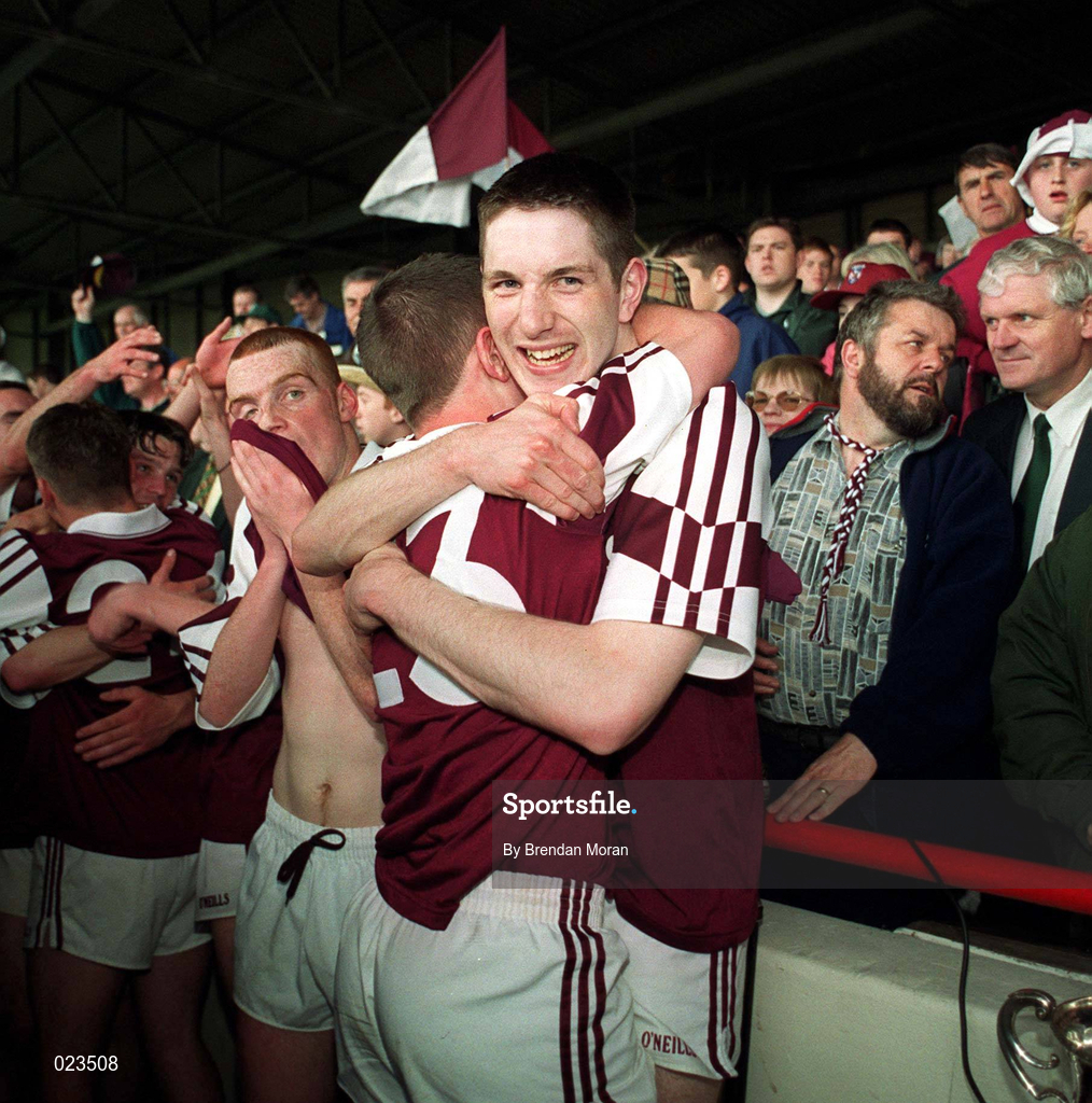 15 May 1999; Westmeath players David O'Shaughnessy, behind, and Keith Shanley celebrate after the All-Ireland U21 Football Championship Final match at the Gaelic Grounds in Limerick. Photo by Brendan Moran/Sportsfile