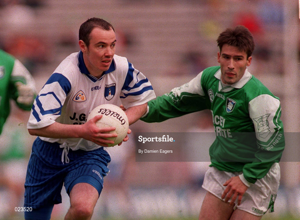 30 May 1999; Declan Smyth of Monaghan in action against Michael Lily of Fermanagh during the Bank of Ireland Ulster Senior Football Championship Preliminary Round match between Monaghan and Fermanagh at St Tiernach's Park in Clones, Monaghan. Photo by Damien Eagers/Sportsfile