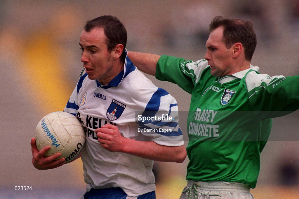 30 May 1999; Declan Smyth of Monaghan in action against Tommy Callaghan of Fermanagh during the Bank of Ireland Ulster Senior Football Championship Preliminary Round match between Monaghan and Fermanagh at St Tiernach's Park in Clones, Monaghan. Photo by Damien Eagers/Sportsfile