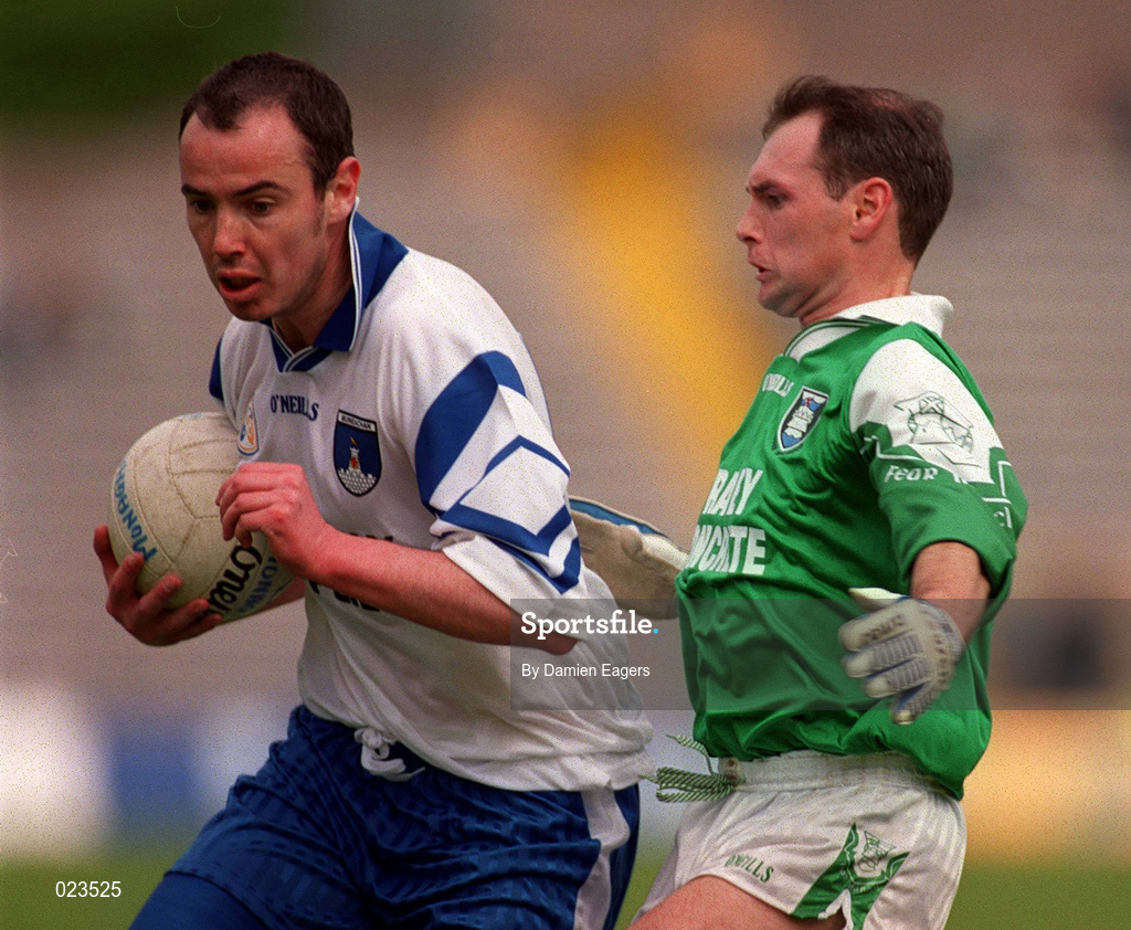 30 May 1999; Declan Smyth of Monaghan in action against Tommy Callaghan of Fermanagh during the Bank of Ireland Ulster Senior Football Championship Preliminary Round match between Monaghan and Fermanagh at St Tiernach's Park in Clones, Monaghan. Photo by Damien Eagers/Sportsfile