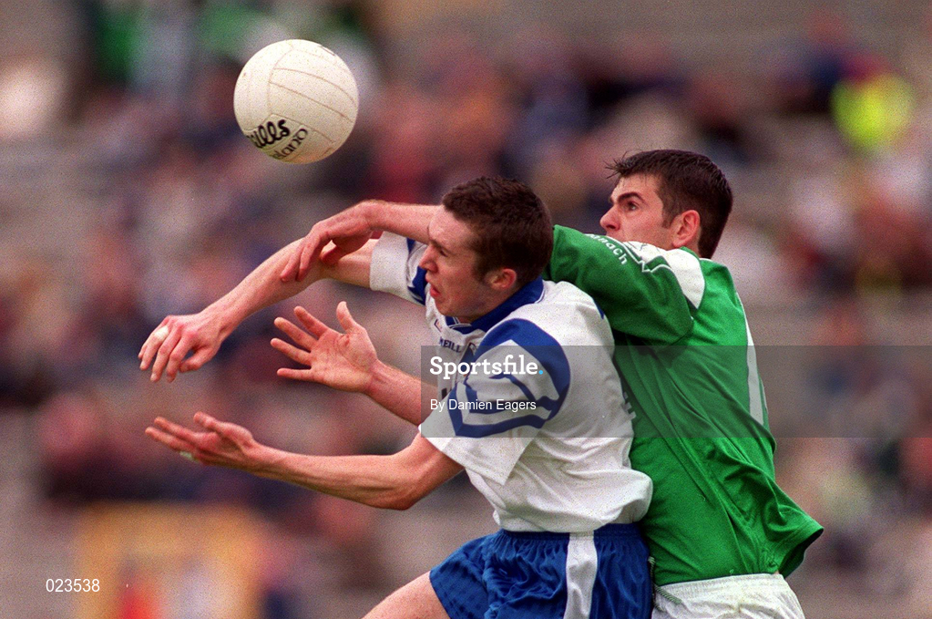 30 May 1999; Dermot McDermott of Monaghan in action against Seán Quinn of Fermanagh during the Bank of Ireland Ulster Senior Football Championship Preliminary Round match between Monaghan and Fermanagh at St Tiernach's Park in Clones, Monaghan. Photo by Damien Eagers/Sportsfile