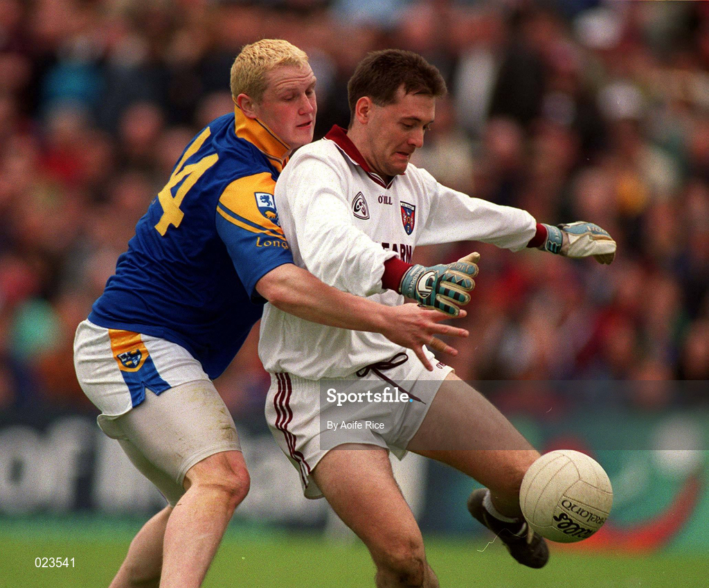 30 May 1999; Westmeath goalkeeper Dermot Ryan in action against Niall Sheridan of Longford during the Bank of Ireland Leinster Senior Football Championship 2nd Preliminary Round match between Westmeath and Longford at Cusack Park in Mullingar, Westmeath. Photo by Aoife Rice/Sportsfile