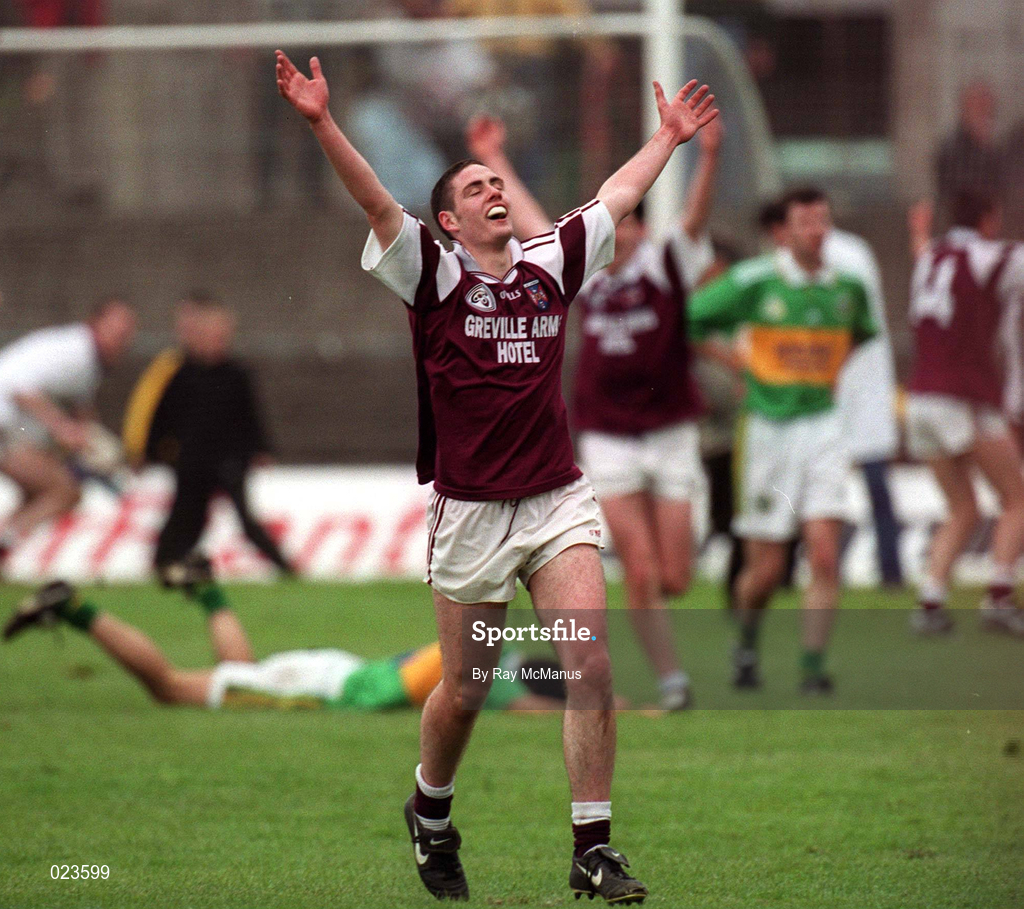 15 May 1999; Westmeath's Fergal Wilson celebrates at the final whistle after the All-Ireland U21 Football Championship Final match at the Gaelic Grounds in Limerick. Photo by Ray McManus/Sportsfile