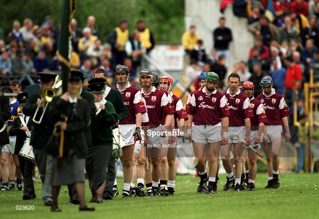 16 May 1999; The Galway team during the parade before the Church & General National Hurling League Division 1 Final match between Galway and Tipperary at Cusack Park in Ennis, Clare. Photo by Ray McManus/Sportsfile
