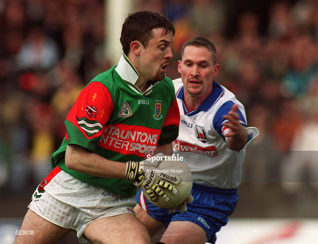 29 May 1999; Ger Brady of Mayo in action against Seán Teague of New York during the Bank of Ireland Connacht Senior Football Championship Quarter-Final match between Mayo and New York at MacHale Park in Castlebar, Mayo. Photo by Brendan Moran/Sportsfile
