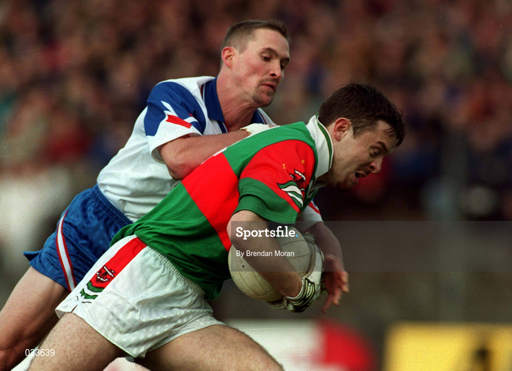 29 May 1999; Ger Brady of Mayo in action against Neville Dunne of New York during the Bank of Ireland Connacht Senior Football Championship Quarter-Final match between Mayo and New York at MacHale Park in Castlebar, Mayo. Photo by Brendan Moran/Sportsfile